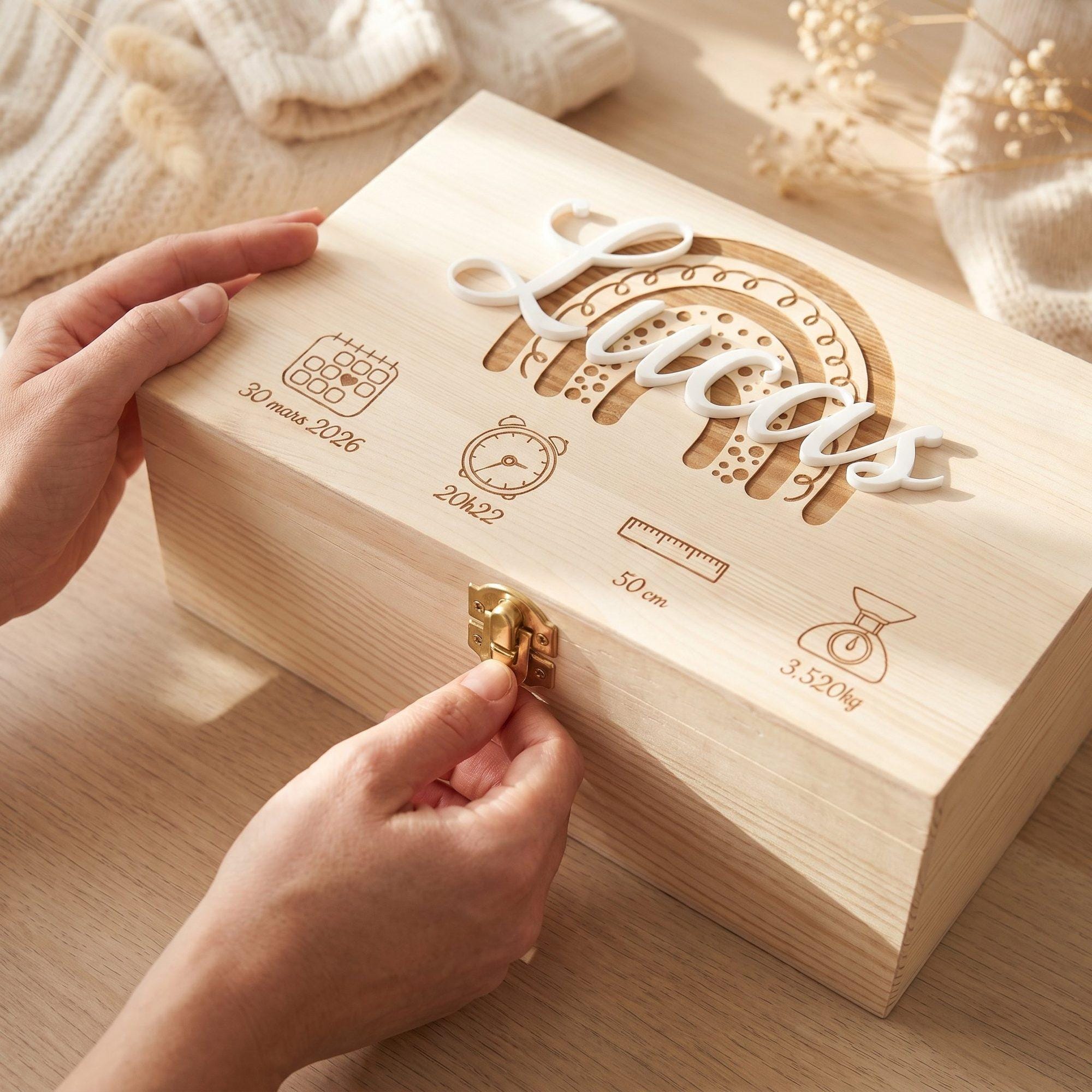 Coffret naissance bébé en bois personnalisé avec prénom 3D