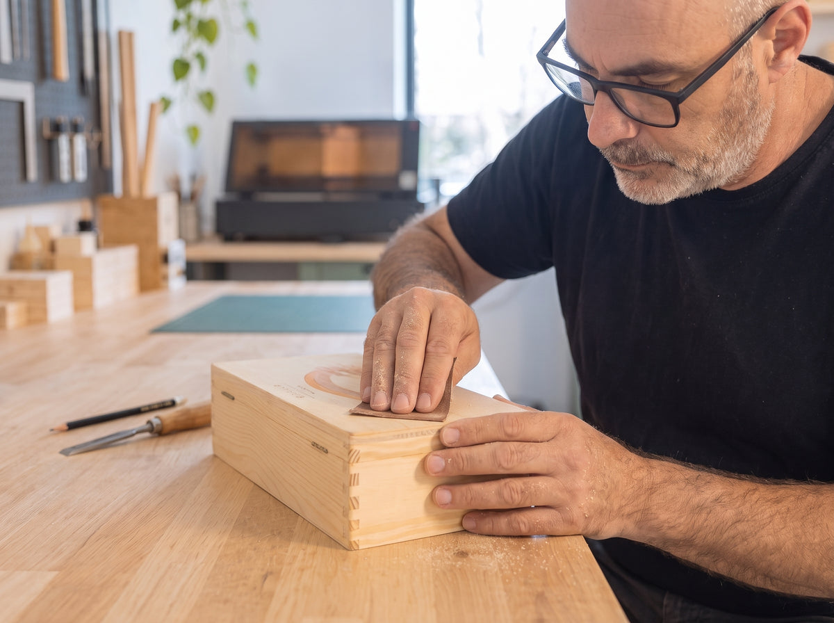 Artisan ponçant une boîte souvenir en bois dans son atelier