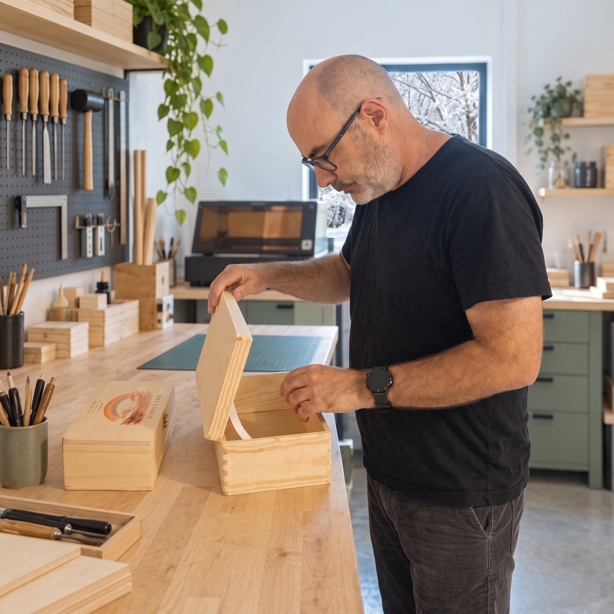 Artisan ouvrant une boîte souvenir en bois dans son atelier