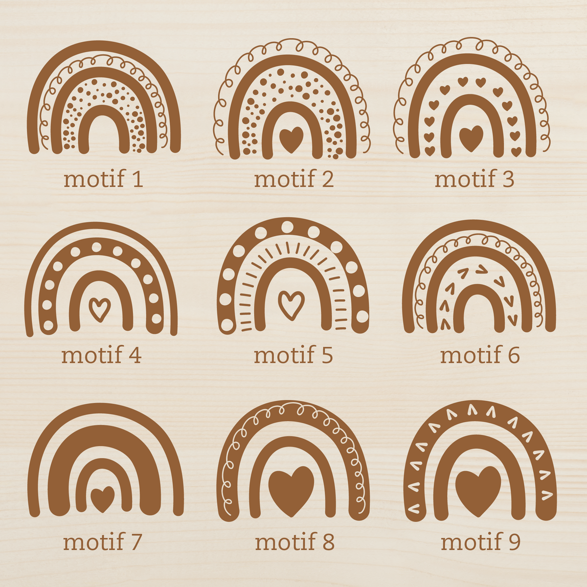 Les 9 motifs d'arc-en-ciel proposés pour la gravure de la carte de naissance