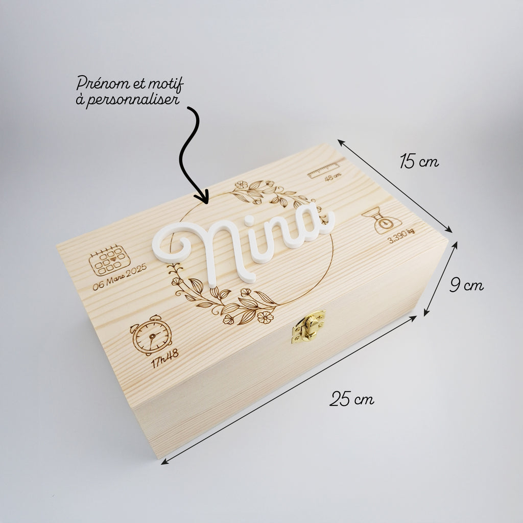 Coffret souvenir bébé en bois et prénom 3D, pour naissance ou baptême