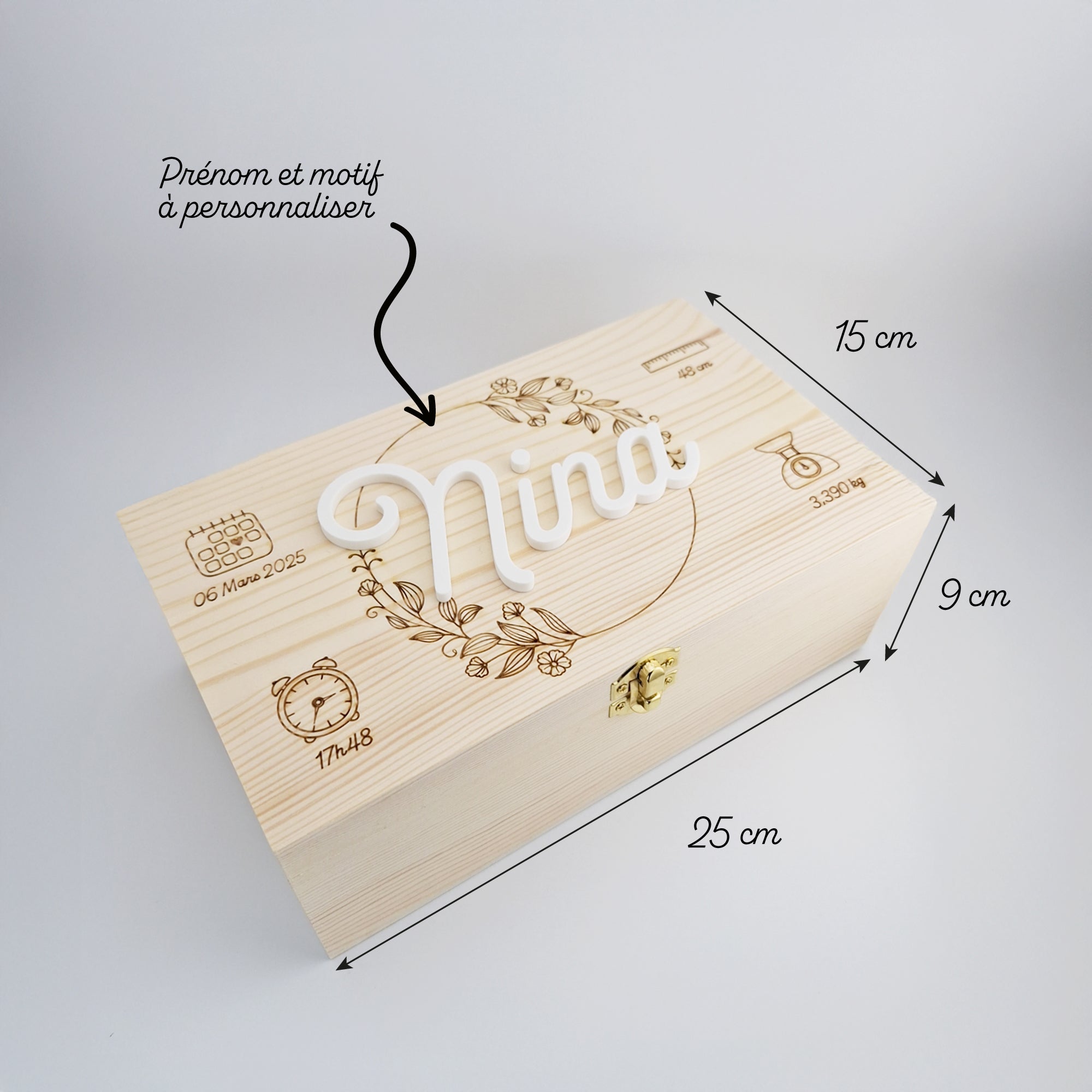 Coffret souvenir bébé en bois et prénom 3D, pour naissance ou baptême