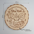 Plateau du Père Noël en rondin de bois gravé, dimensions 20 × 20 cm