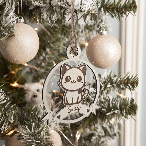 Boule de Noël en Bois Personnalisable Chat – Cadeau pour amoureux des chats