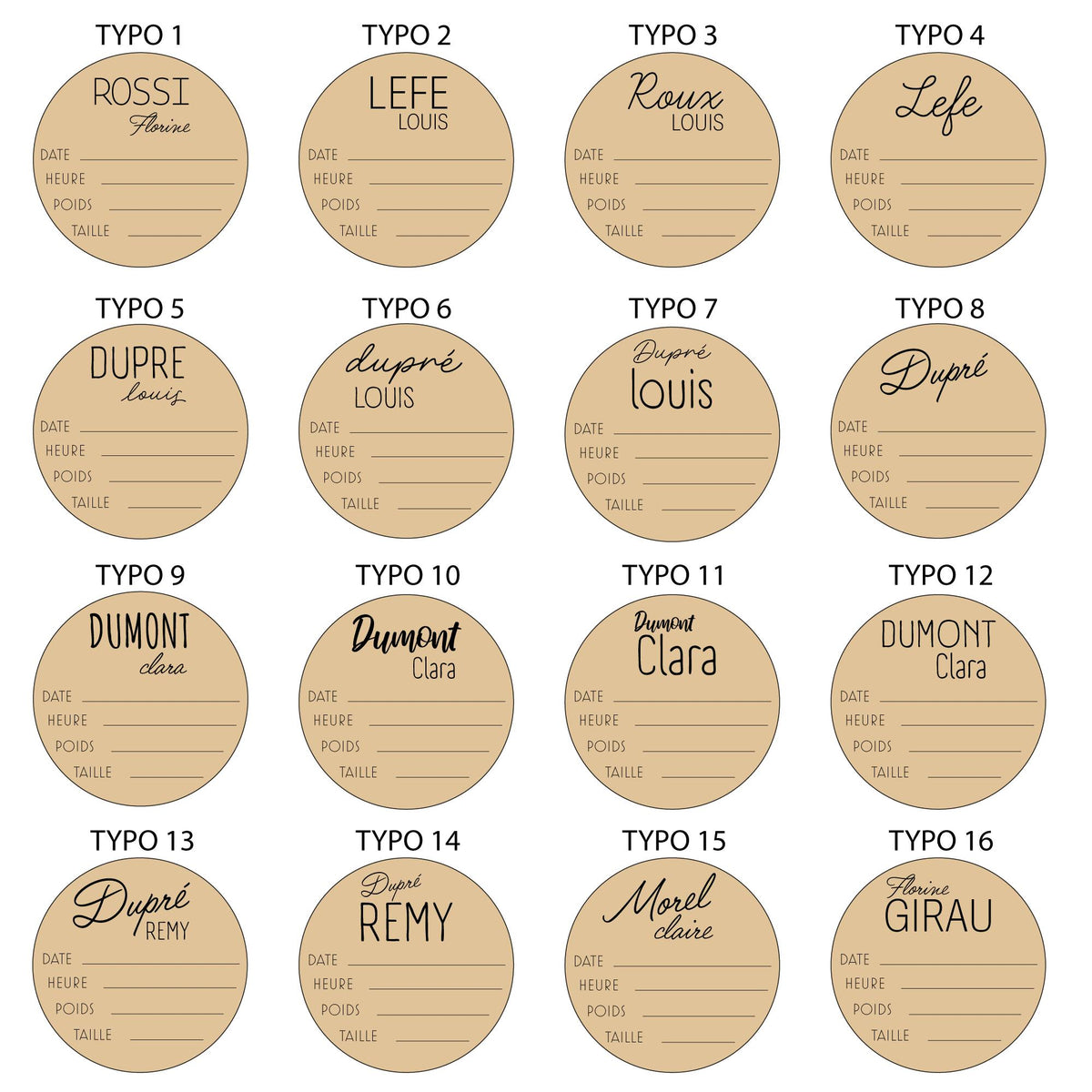 Les 16 typographies proposées pour la carte de naissance